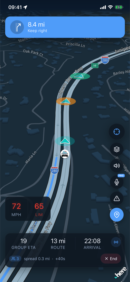 Meridian showing active convoy navigation at night