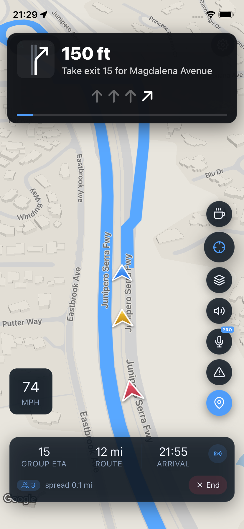 Meridian sat-nav running a live convoy with two riders on the map, junction lane guidance, a 74 mph speedometer and a shared group ETA dock