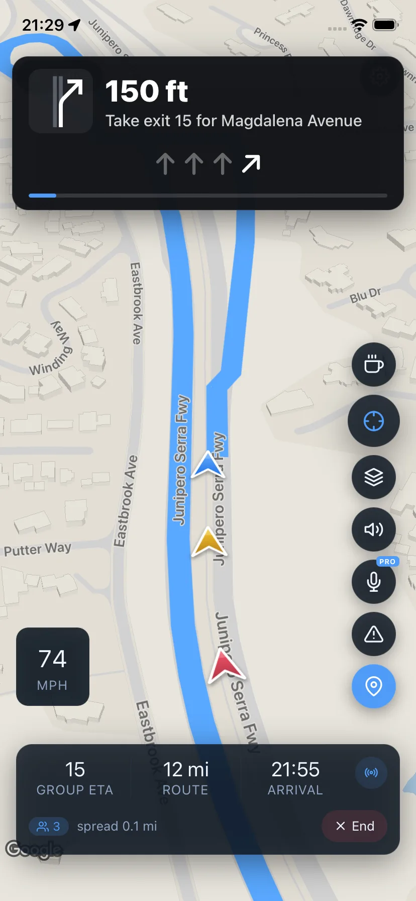 Meridian turn guidance with a lane indication, route and arrival time