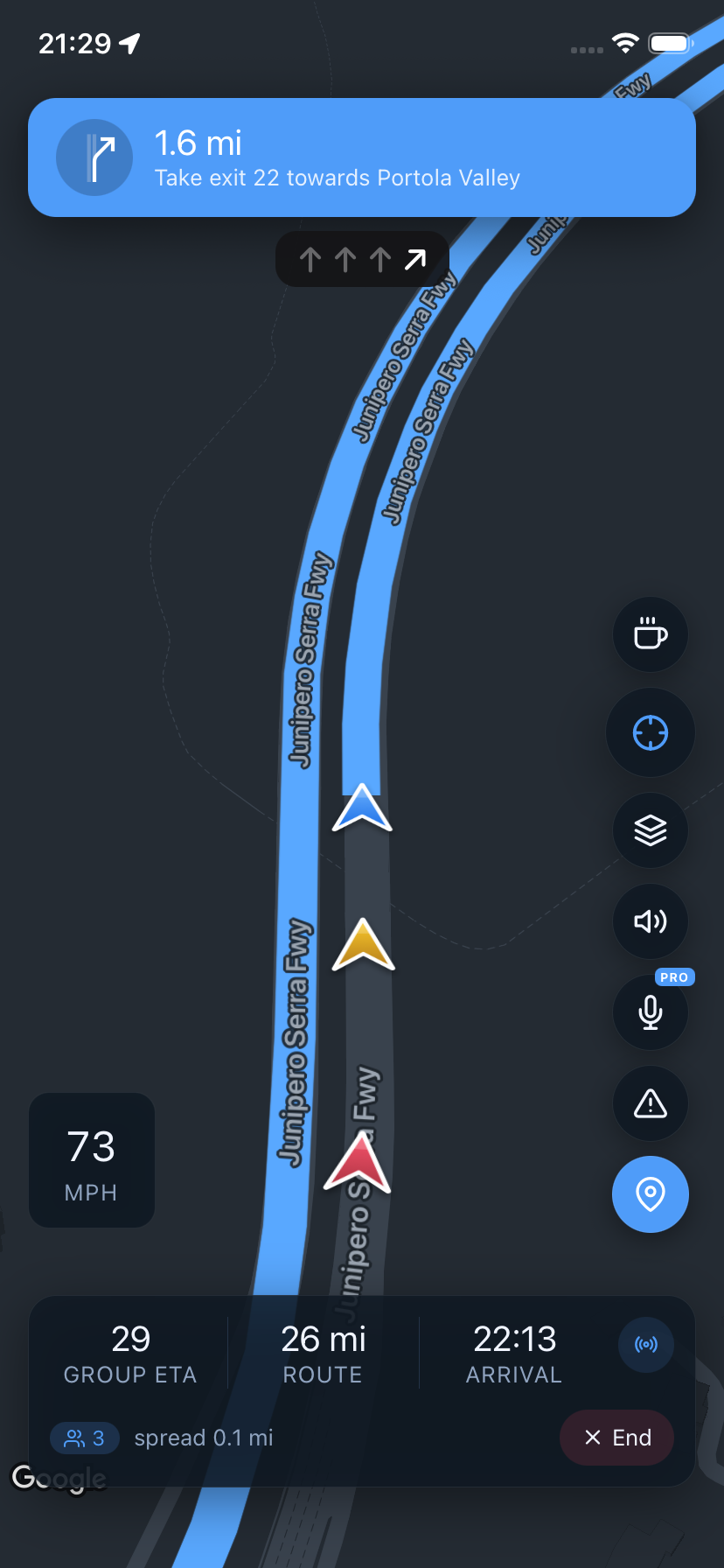 Meridian convoy map showing the live positions of every group member