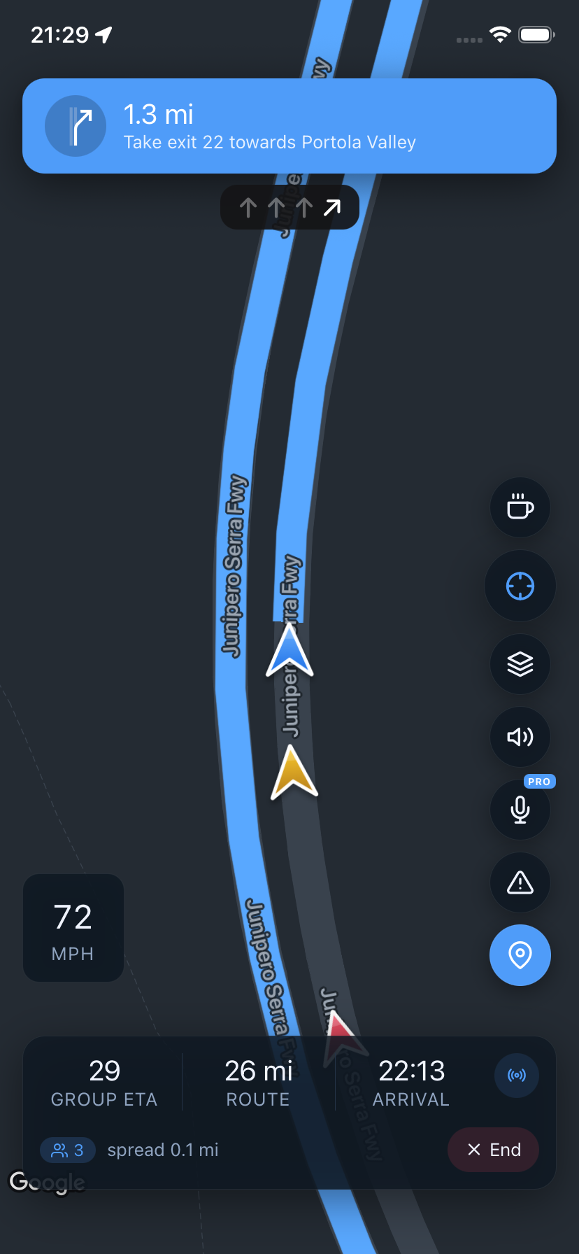 Turn-by-turn navigation in Meridian with live convoy members, lane guidance and a speedometer